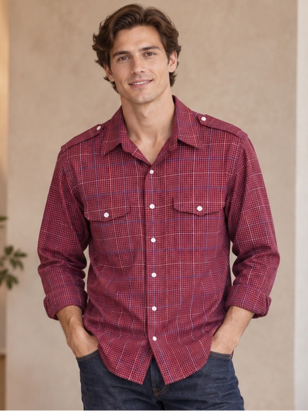 Dior Men's Burgundy Plaid Button-Down Shirt Size M